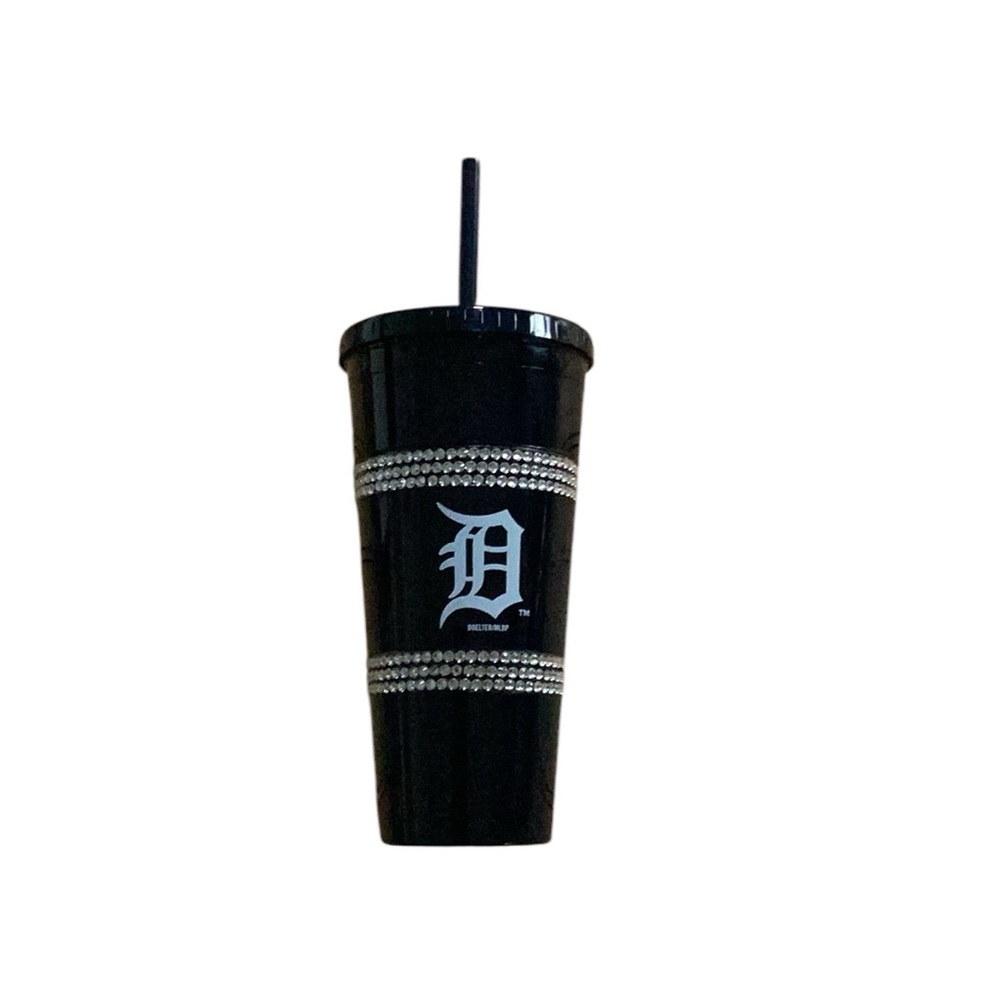 MLB Detroit Tigers Logo Navy Black Rhinestone Bling Drink Tumbler With Straw NWT